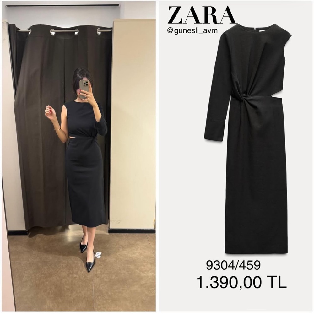 Zara Black Cut Out Midi Dress cotton blend one long sleeve Pleated knot ZW NWT - Picture 2 of 16